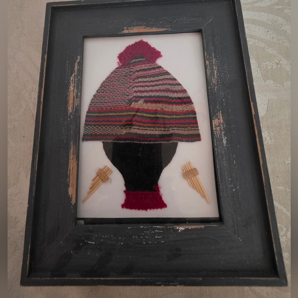 Peruvian Hand Crafted Fabric Framed Folk Art- Chullo Hat& Small Panpipes